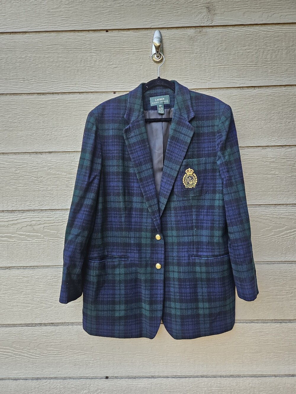 Lauren Ralph Lauren green and navy blackwatch blazer with crest size 16W